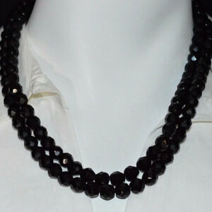 JAPAN Silver Tone Faceted Black Glass Necklace